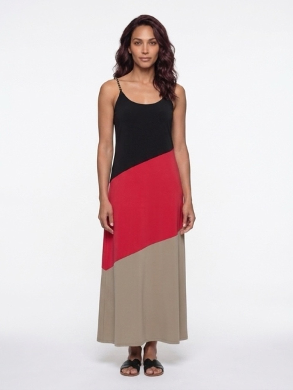 Colorblock Maxi Slip Dress with Chain Straps - Black, Red & Taupe